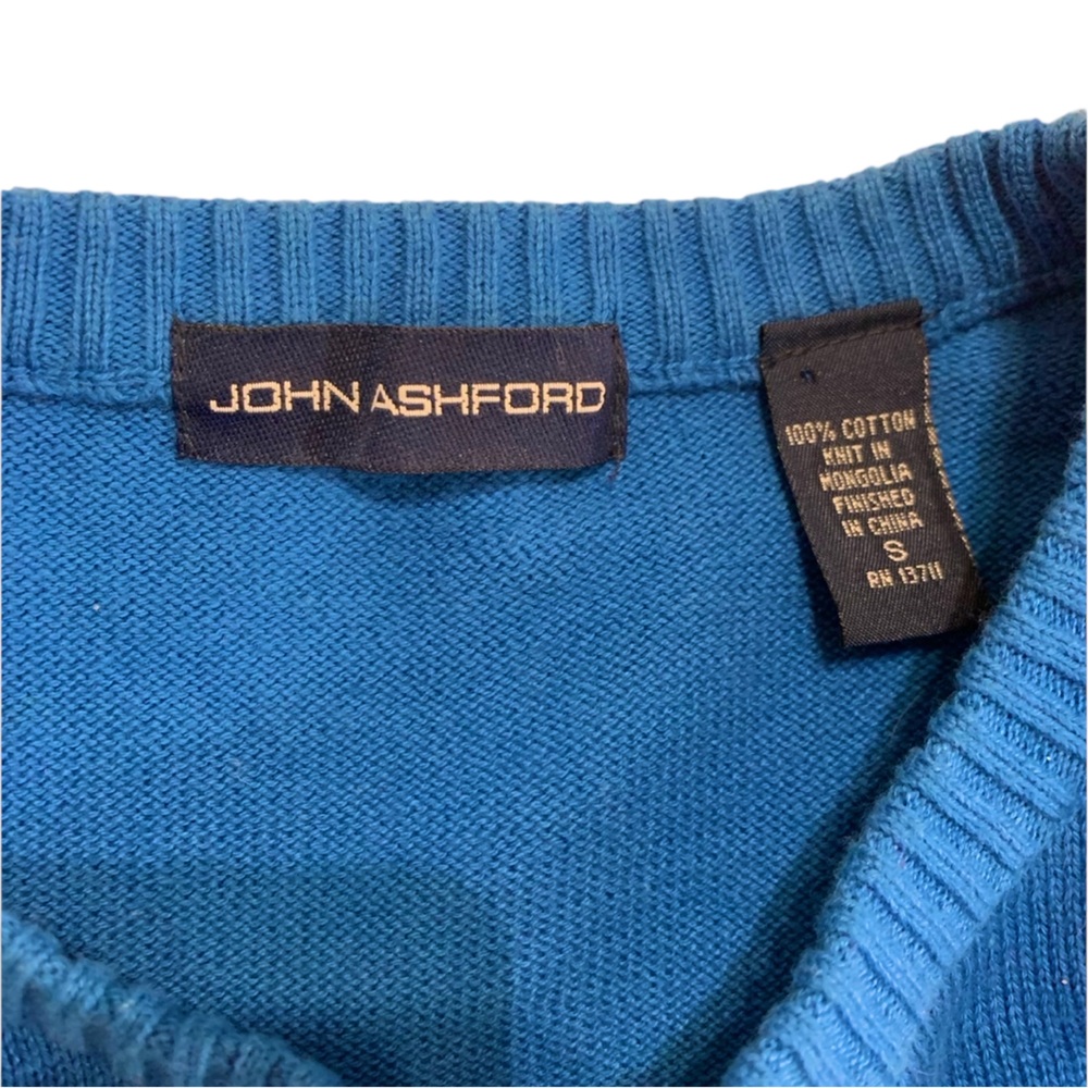 Vintage JOHN ASHFORD Blue Black Checked Cotton Crew Neck Pullover Sweater Jumper - Picture 10 of 16